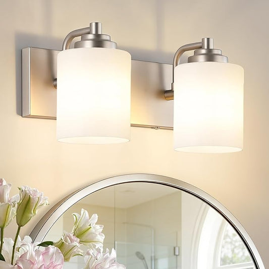 SOLFART Brushed Nickel 2 Light Vanity Lights for Bathroom, Milky Glass Shade Vintage Wall Sconce, Modern Bathroom Light Fixture Over Mirror, Easy to Install High-End Vanity Light (Bulbs Not Included)