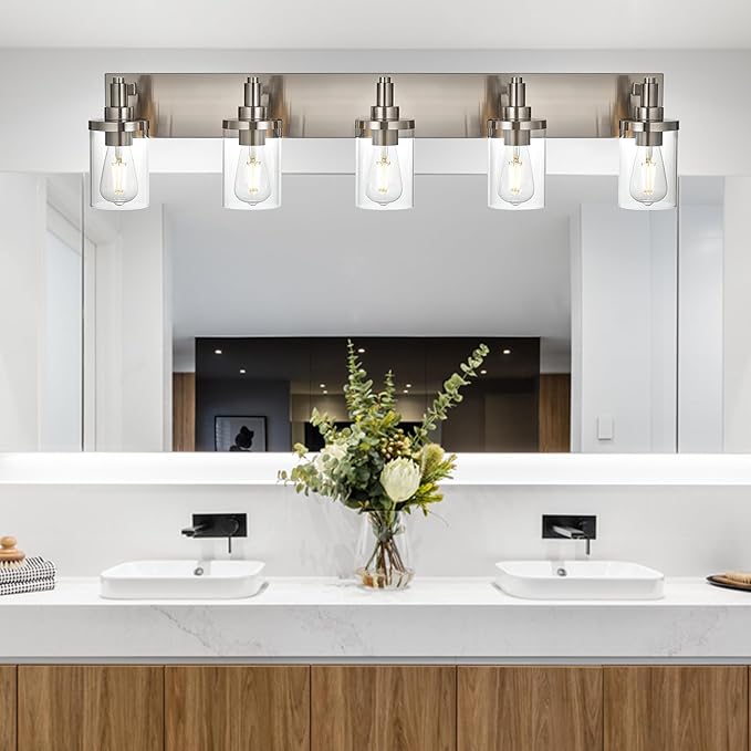5 Lights Vanity Wall Light Fixtures Over Mirror, Modern Bathroom Light with Clear Glass Shade, Brushed Nickel Farmhouse Wall Sconce Lighting for Bathroom Mirror Kitchen Porch Living Room