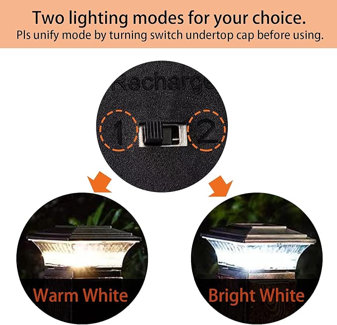 HUYIENO Solar Post Cap Lights Outdoor LED Lighting Deck Fence Cap Light Two Light Modes Warm White/Bright White Suitable for 4x4 Wooden Posts (Black, 8pk)