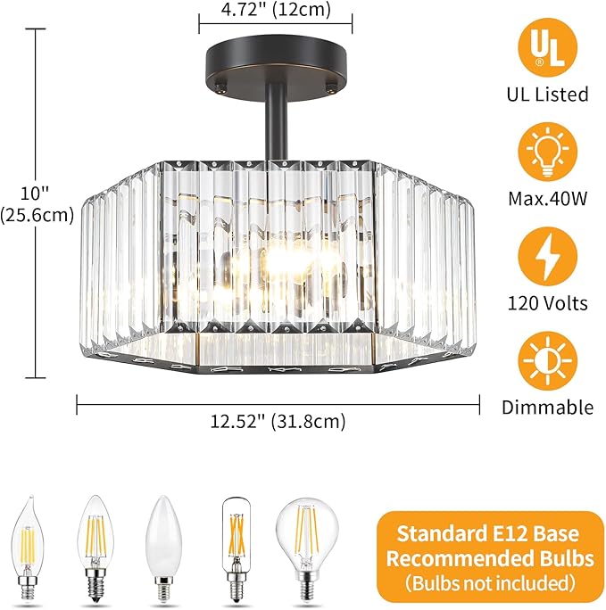 TOULMJ Modern Black Semi Flush Mount Ceiling Light, 3-Light Crystal Entryway Light Fixture Close to Ceiling Kitchen Lighting, Hallway Light Fixtures Flush Mount Chandelier for Bathroom Bedroom Foyer