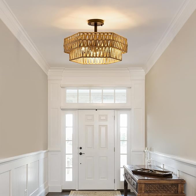 XSDeTu Farmhouse Semi Flush Mount Ceiling Light, 3-Light Boho Light Fixtures，Rustic Woven Hemp Rope Ceiling Lamp, Double Hexagonal Flush Mount Light Fixture for Hallway, Kitchen, Bedroom