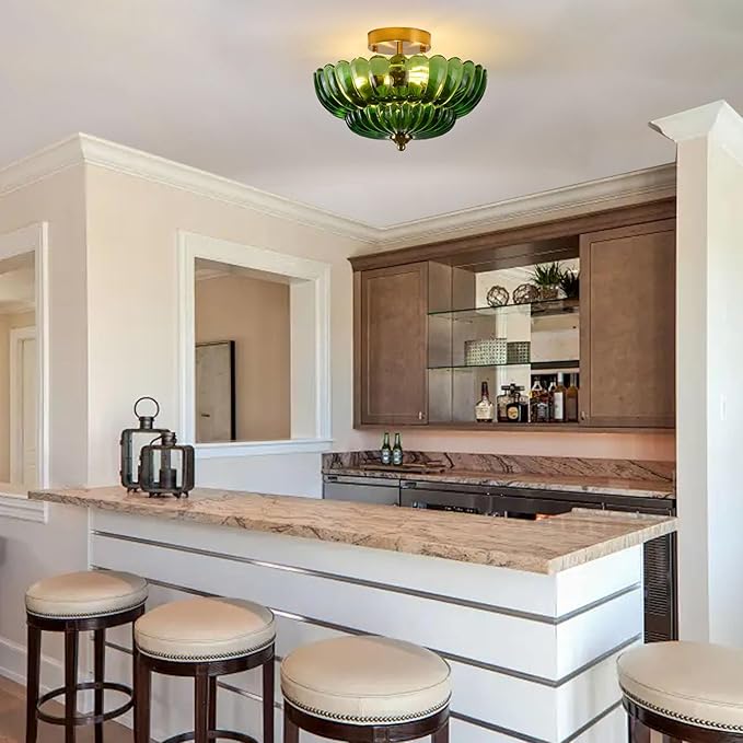 Semi Flush Mount Ceiling Light, Green Glass Ceiling Light Fixture, 3-Bulb Gold Close to Ceiling Light, Vintage Glass Ceiling Lights for Bedroom Kitchen Living Room, Support inline roof installation