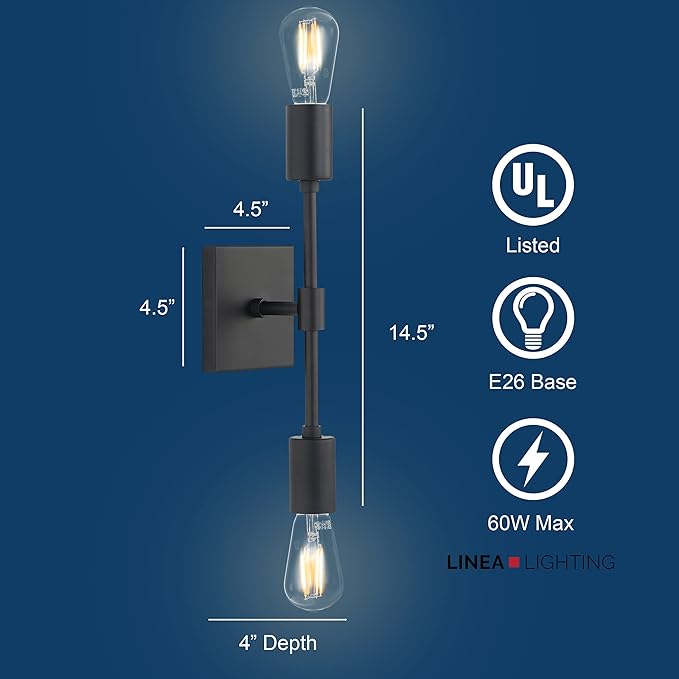 Linea di Liara Berbella 2-Light Matte Black Bathroom Vanity Light Fixtures Modern Wall Sconces Lighting Fixture Wall Lights for Hallway and Bedroom Sconces with Two LED Bulbs Included, UL Listed
