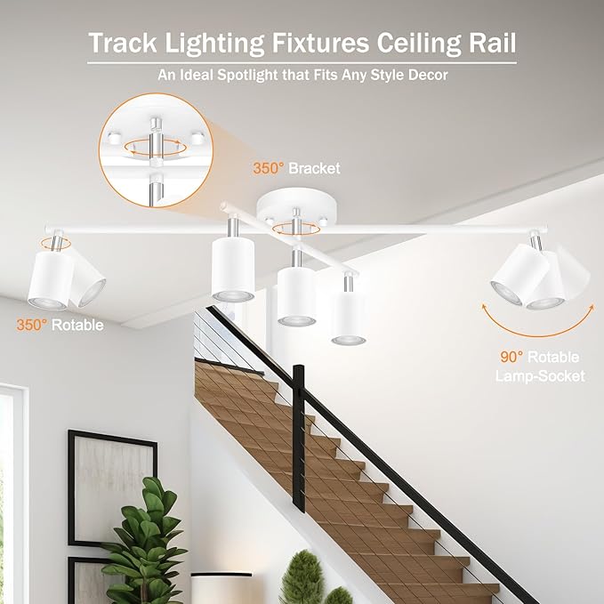 Track Lighting Fixtures Ceiling, LED Track Lighting, White Kitchen Lights for Bedroom, 28.4" Ceiling Spot Light Kit, 5 Light Wall Light with Rotatable Heads, Living Room Decor(GU10 Socket, NO Bulb)