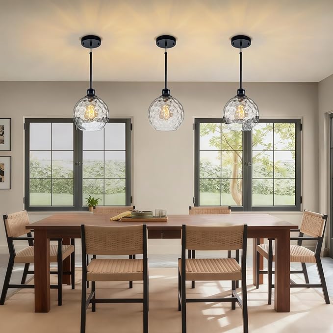 Globe Pendant Light Fixtures, 2 Pack Glass Black Pendant Lights Kitchen Island with 7.8" Clear Hammered Glass, Adjustable Hanging Island Lights for Kitchen Bathroom Sink Entryway Dining Room