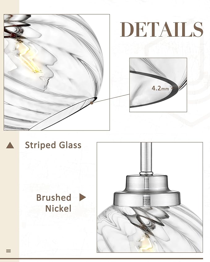 8 Inch Modern Farmhouse Pendant for Kitchen Island, Adjustable Height Hanging Fixture with Ribbed Glass, Brushed Nickel, Dining Room Entryway - PL101SBN-L