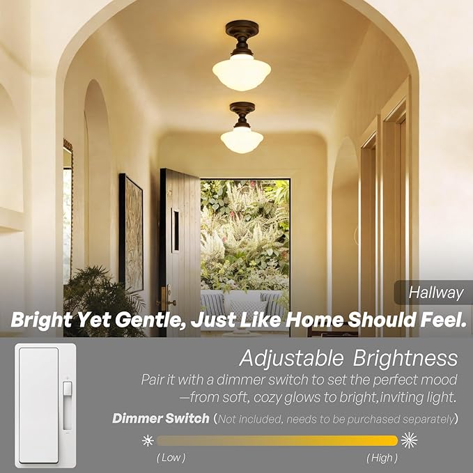 Modern Schoolhouse Semi Flush Mount Ceiling Light with Milk White Glass Lampshade, Industrial Close to Ceiling Light Fixture for Farmhouse Bedroom Hallway Entryway