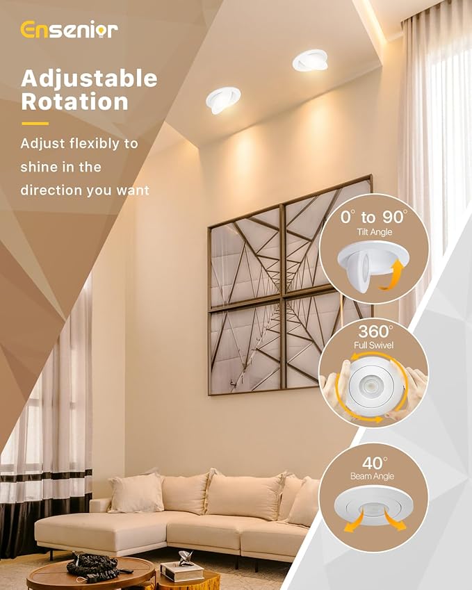 Ensenior 6 Pack 4 inch Gimbal Led Recessed Light with Junction Box, 90° Adjustable Directional Eyeball Lighting, Dimmable, 2700K/3000K/3500K/4000K/5000K, 900LM, 9W=85W-ETL&FCC Certified