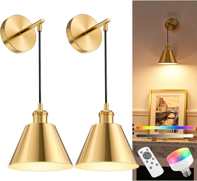 NIORSUN Brushed Gold Battery Operated Wall Sconce Set of 2, 5200mAh Dimmable Detachable Bulbs and Remote Wireless Rechargeable Wall Lights, 9 Colors Sconces Wall Decor for Bedroom Living Room Hallway