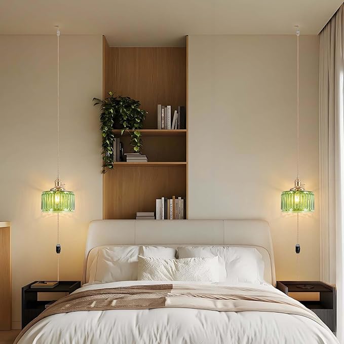 Pendant Light Fixtures,Plug in Hanging Light Fixture Green Glass 6.6in Pendant Light,E26 Pendant Lighting for Kitchen Island, Bedroom, Dining Room, Living Room