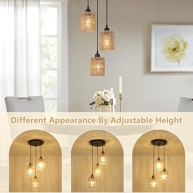 LAMSU 3 Lights Rattan Pendant Light, Farmhouse Dining Room Light Fixtures Ceiling Hanging, Boho Pendant Lighting with Hand Woven Wicker Shades for Kitchen Island Living Room Bedroom Foyer Hallway