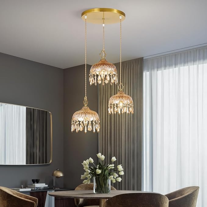 3-Light Glass Pendant Light Crystal Hanging Light Fixtures,Brass Vintage Amber Glass Pendant Lights for Kitchen Island Dining Room Living Room Bedroom Hallway(Amber,Round Chassis)