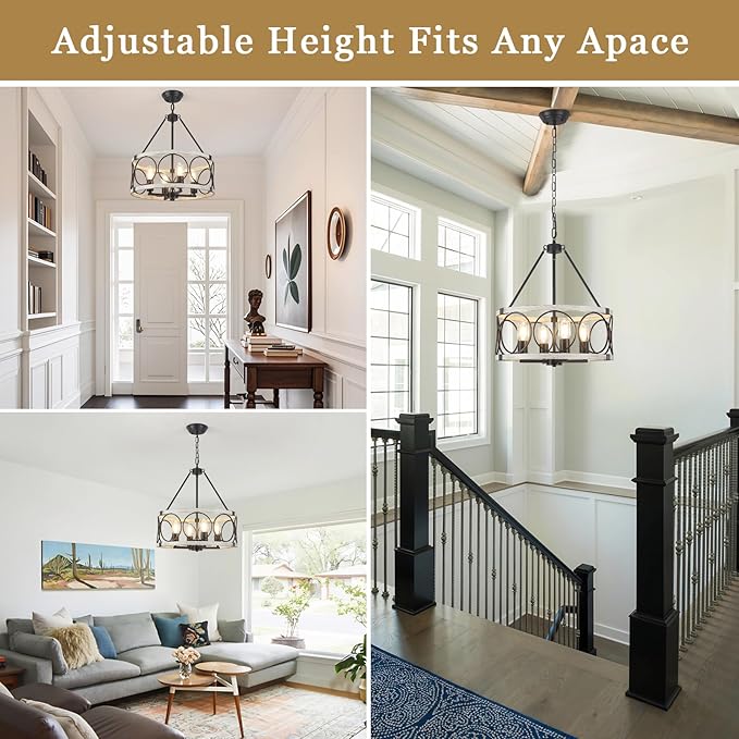 Farmhouse Chandelier 4 Light Rustic White Drum Chandeliers for Dining Room Light Fixtures Over Table Vintage Round Pendant Lights Kitchen Island Lighting for Entryway Foyer Bedroom Hallway Living Room