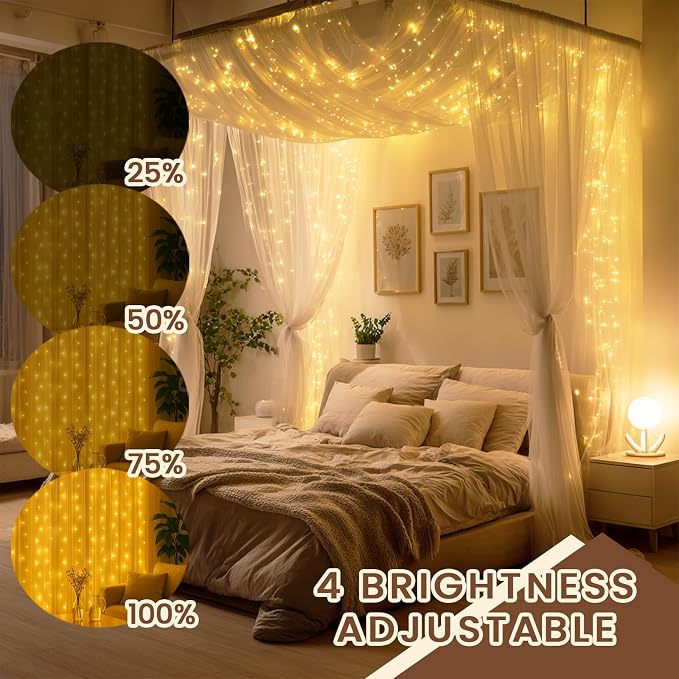 9.8x19.6Ft Curtain String Lights Plug in,600 Warm White LED Curtain Lights with Remote,Timer,Memory,Waterproof Clear Wire for Indoor Outdoor Bedroom Window Decor