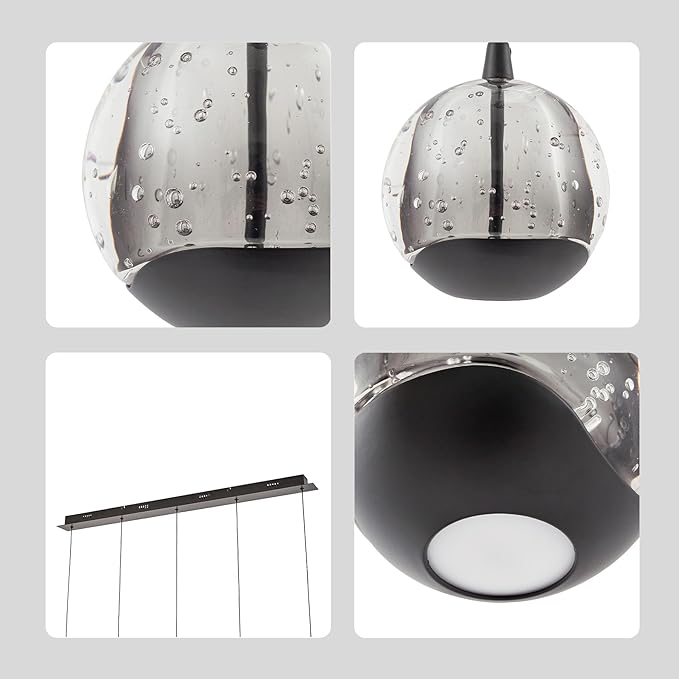 37.8" LED Linear Pendant Light Fixtures, 5-Light Black Linear Chandelier with Bubble Glass Globes, LED 3000K Warm White, Modern Island Lights for Kitchen Living Room Ceiling Hanging, Hardwired