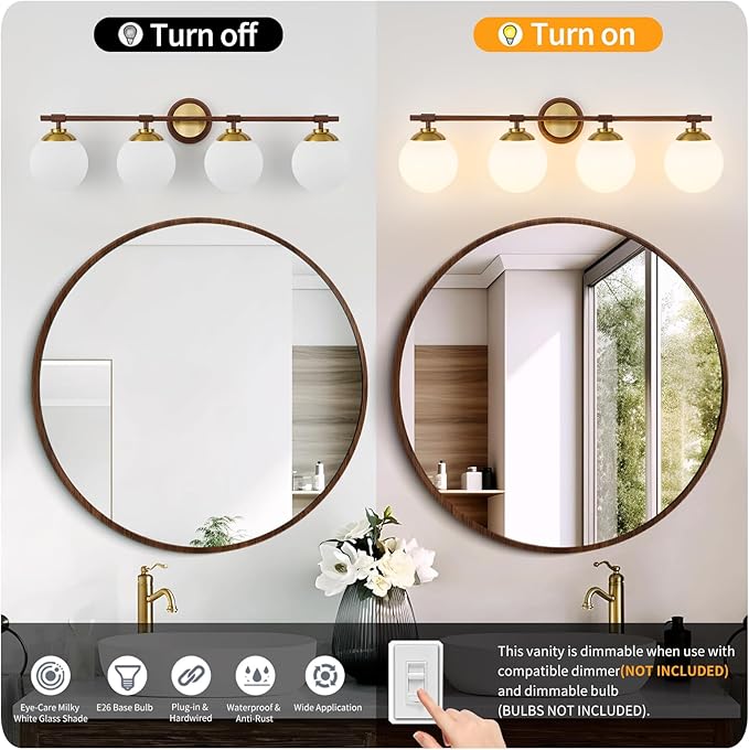 Rayogale Walnut Bathroom Light Fixtures, ETL 4 Lights Vanity Lights Over Mirror with Milk Glass Soft Lighting 32 Inch Bathroom Sconces(Exclude E26 Bulb)