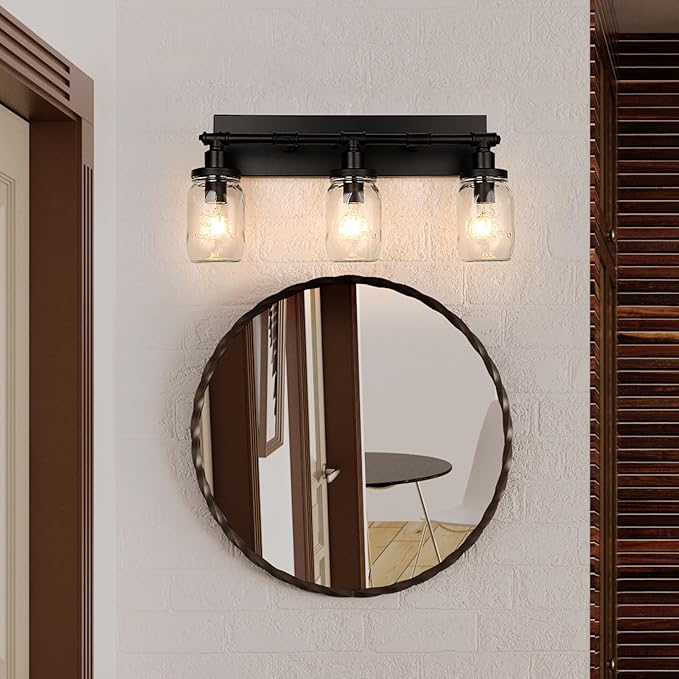 3-Light Bathroom Vanity Light, Black Bathroom Light Fixtures over Mirror, Vintage Wall Sconces with Clear Glass Shade, Industrial Farmhouse Mason Jar Wall Lamp for Bedroom Hallway Living Room