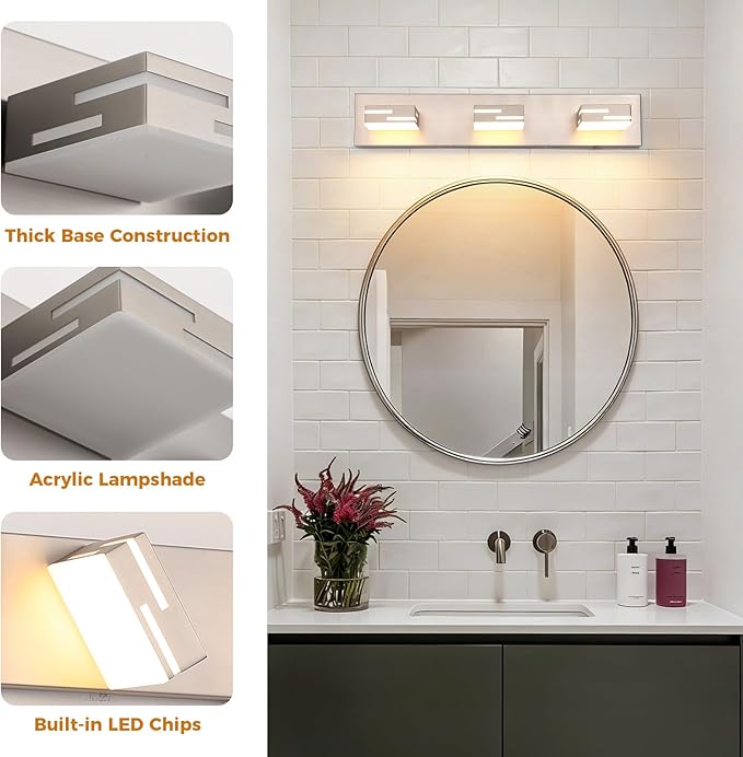 3-Light 5CCT Modern Bathroom Vanity Light Fixtures, 24-Inch 350° Rotatable LED Vanity Lights Over Mirror, Dimmable Brushed Nickel Wall Sconce with Frosted Acrylic Shade