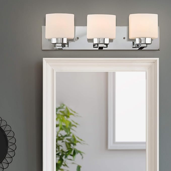 Design House 587469 Dove Creek 3-Light Vanity Light, Polished Chrome Finish, Frosted Glass Shades, Dimmable, Bathroom Wall Fixture