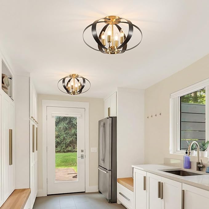 Black and Gold Semi Flush Mount Ceiling Light, 4-Light Farmhouse Modern Light Fixtures Ceiling Mount, Metal Cage Chandelier Lamp for Kitchen, Hallway, Entryway, Living Room, Bedroom