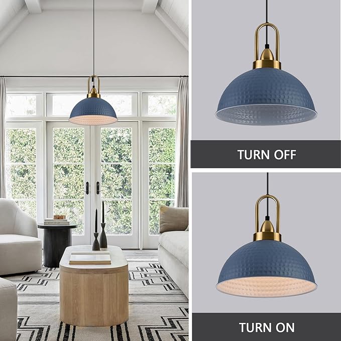 Blue Pendant Lights Kitchen Island Industrial Adjustable Height Vintage Dome Hanging Light Fixtures for Barn, Dining Room 1 Pack