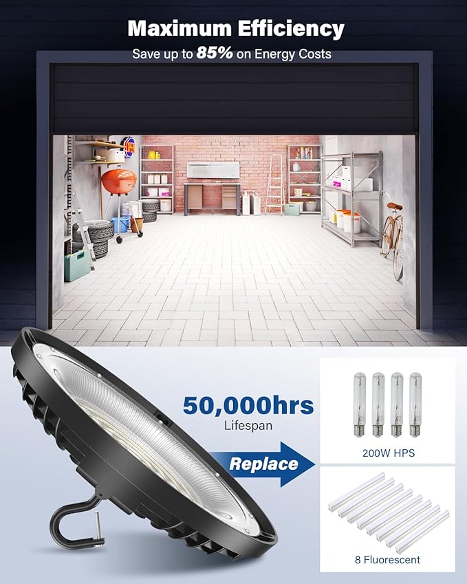 200W UFO LED High Bay Light, 28,000LM LED Shop Lights Fixture, 5000K, Replace 600W Halogen, 120VAC, Plug & Play Lighting for Warehouses, Workshops, Garages, and Barns – ETL Listed, 4 Pack