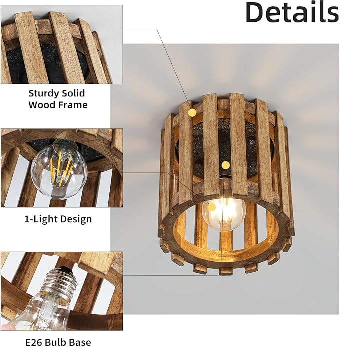 Rustic Farmhouse Ceiling Light, Wood Cage Mini Flush Mount Light, Hallway Light Fixtures for Entryway for Kitchen, Dining Room, Brown
