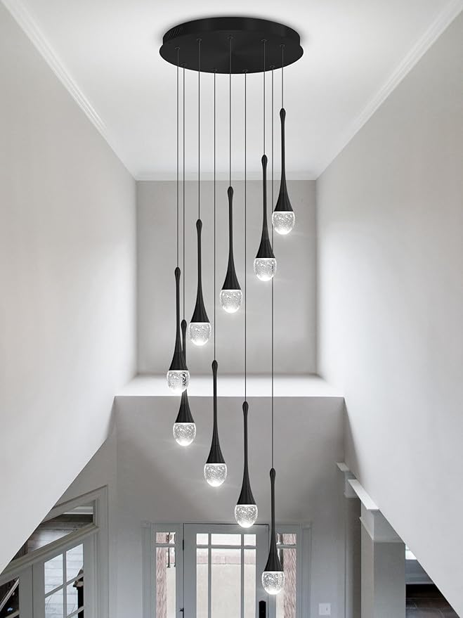 ykolupty 9-Lights Black Pendant Chandliers 100'' High Staircase Ceiling Chandeliers Crystal Bubble Raindrop Lighting Chandelier Ceiling Living Room Dimmable 2700-6000k LED Dining Lighting