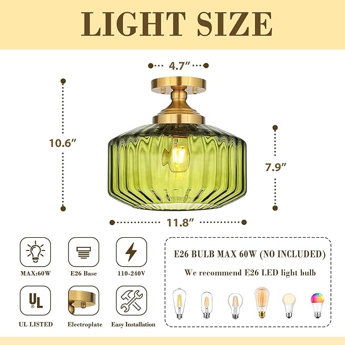 11.8in Semi Flush Mount Ceiling Light Fixture, Vintage Striated Glass Kitchen Lighting Fixtures Ceiling Mount for Entryway Hallway Bedroom Dining Room Bathroom Foyer Laundry (Green)