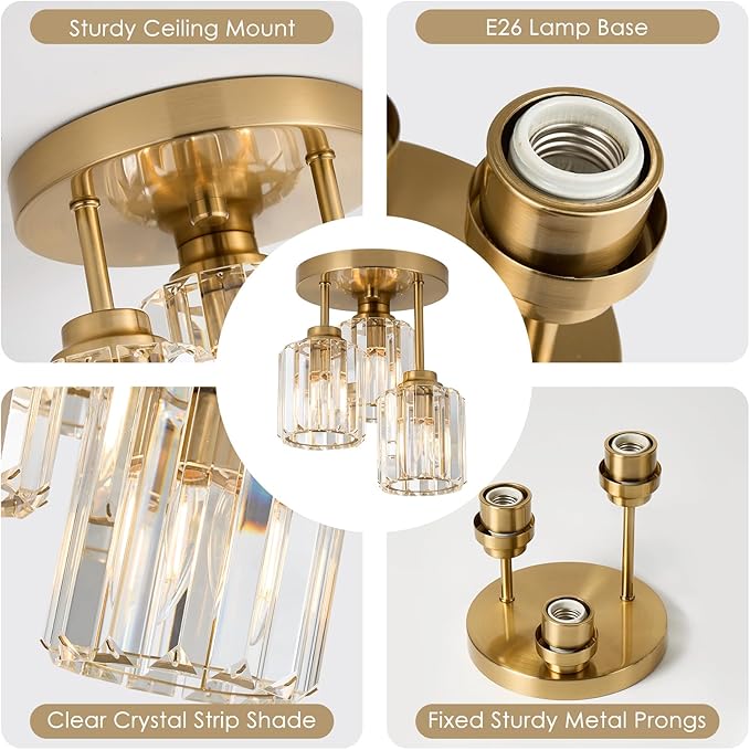 Gold Close to Ceiling Light Fixtures, 3-Light Crystal Ceiling Light with Clear K9 Crystal Shades, Modern Semi Flush Mount Ceiling Light for Hallway Kitchen Bathroom Entryway