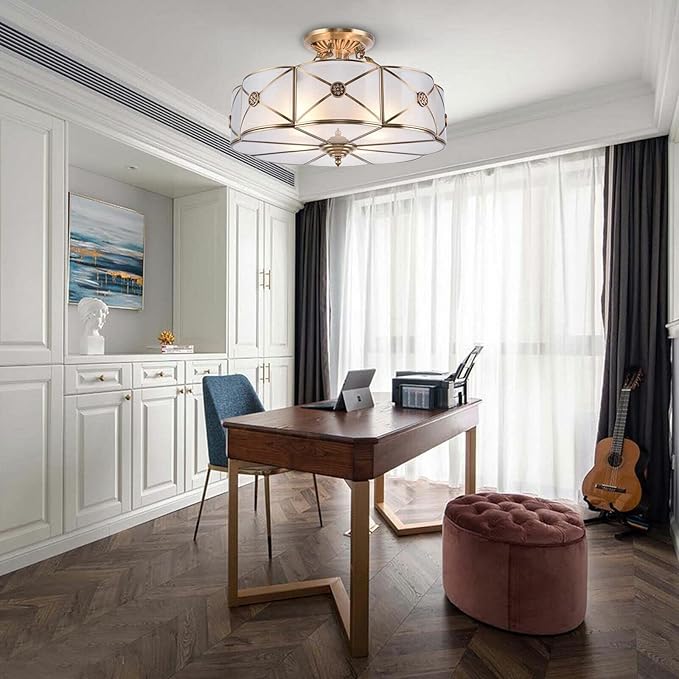 Tiffany Ceiling Lamp Semi Flush Mount Light 4-Light Drum Shade Vintage Chandelier Ceiling Lighting Fixture for Bedroom Hallway Entryway Foyer W18 H12 inch