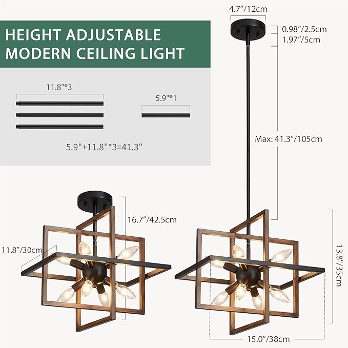 Black Farmhouse Chandelier Ceiling Light Fixtures, 8-Light Geometric Pendant Light Height Adjustable Faux-Walnut Grain Metal Lamp for Entryway, Foyer, Stairway, Hallway, Living Room