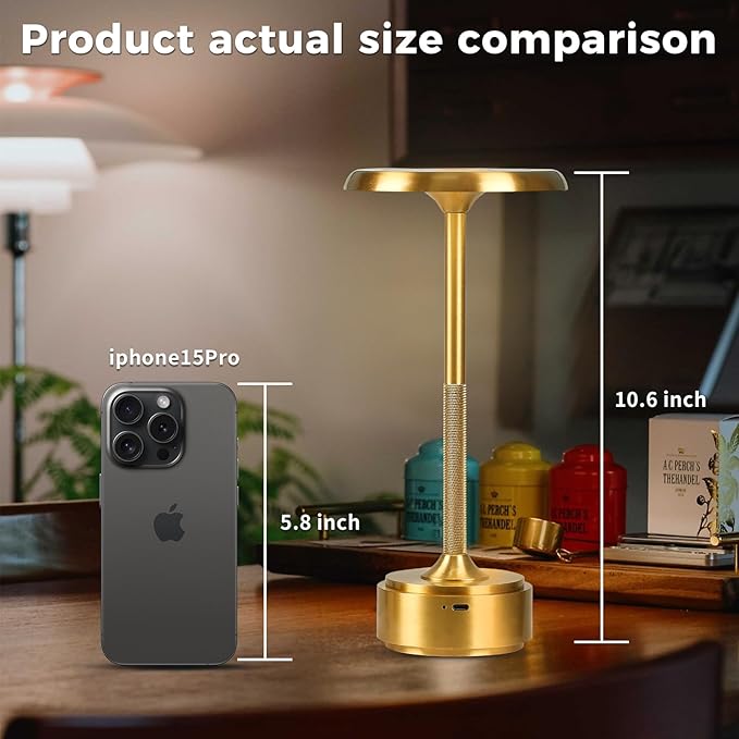 HAPYGI 5200mAh Rechargeable Cordless LED Table Lamps Touch Sensor Light, 3-Levels Portable Dimming Wireless Battery Operated Lamp,Night Light/Restaurant Table/Outdoor/Coffee/Bar (Gold)