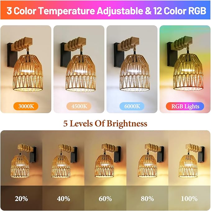 Boho Battery Operated Wall Sconce Set of Two, Rattan Rechargeable Wall Sconces with Remote,Wireless Sconces Set of 2 for Bedroom,Living Room,Entryway 15 Colors Dimmable-Matte Black