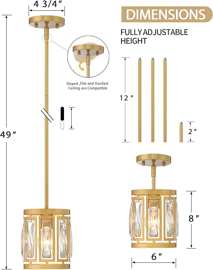 2 Pack Gold Pendant Lights Kitchen Island, Crystal Pendant Light, Adjustable Hanging Light Fixture for Dining Room, Living Room, Kitchen