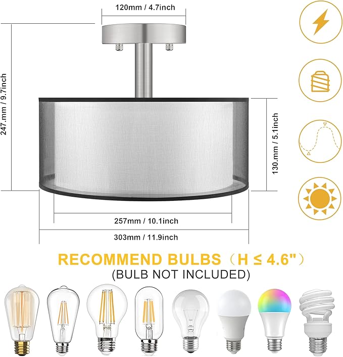 FOLKSMATE Semi Flush Mount Ceiling Light Fixture, 3-Light Drum Light with Double Fabric Shade, Modern Black Close to Ceiling Lighting for Living Room, Bedroom, Dining Room, Kitchen, Hallway, Entry