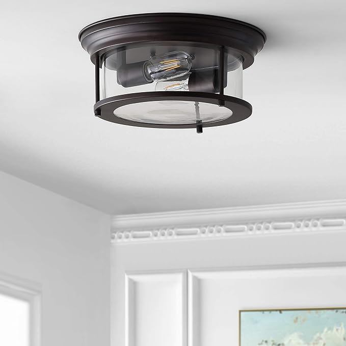 JONATHAN Y 13.25" Oil Rubbed Bronze/Clear 2-Light LED Flush Mount Ceiling Light Fixture, Modern Clear Glass Drum Shade, Industrial Farmhouse Lighting for Kitchen Hallway Bedroom (JYL7446B)