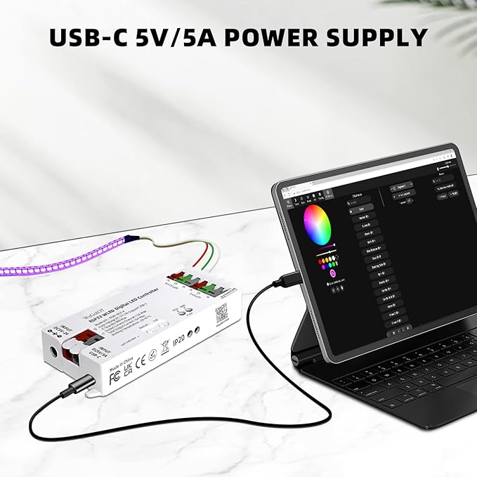 ESP32 WLED LED Strip Controller with 16A Fuse Dynamic RGB IC DIY Port WiFi App Control Easy Wiring Terminal for WS2811 WS2812B SK6812 SM16703P Programmable FCOB Addressable Strip Light