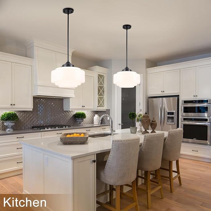 Schoolhouse Pendant Light, 14" Mid Century Pendant Lighting Fixture Vintage Milk Glass Chandelier with Black Metal for Dining Room Kitchen Island Bedroom Hallway, Adjustable Height (E26)