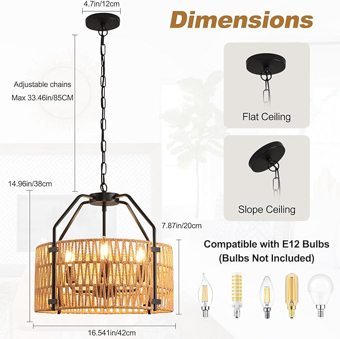 lobolighting 4-Light Rattan Chandelier Light Fixtures, 16.5" Boho Pendant Light with Hand Woven Drum Shade, Modern Farmhouse Chandelier for Dining Room Living Room Kitchen Island Bedroom