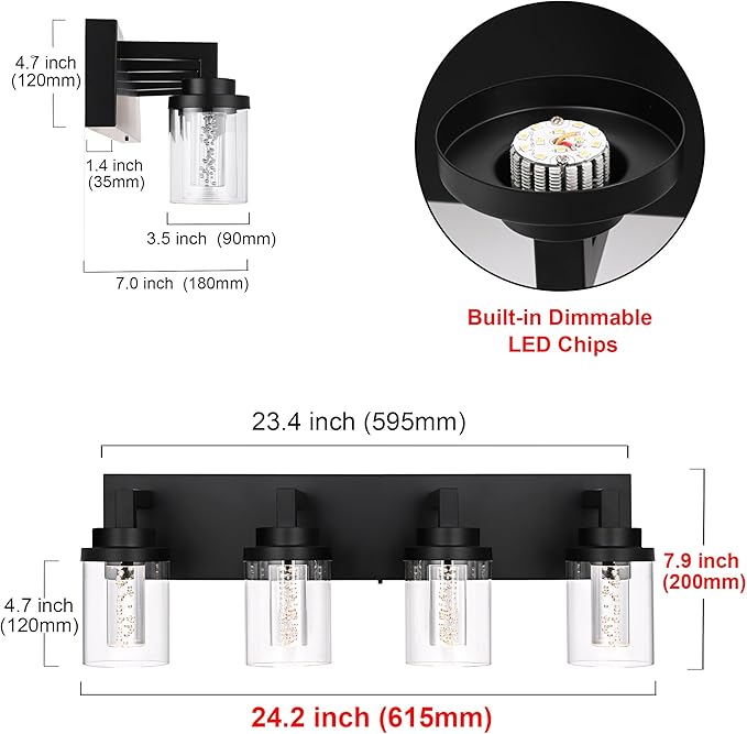 MELUCEE 4-Light 5 Color Dimmable Vanity Lights for Bathroom Bubble Crystal LED Bathroom Lighting Fixtures Over Mirror, Black LED Wall Sconce with Clear Glass Shade, Built-in Led Chips