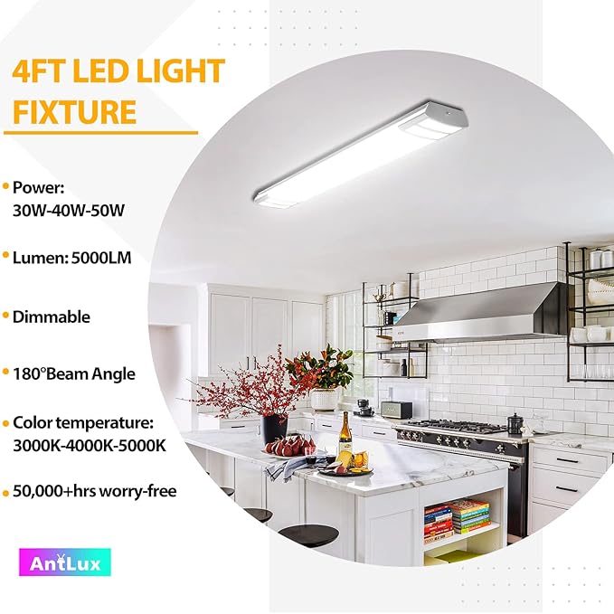 ANTLUX 4FT LED Light Fixtures, 3000K 4000K 5000K Selectable, 30W/40W/50W Dimmable 4 Foot Kitchen Ceiling Light Fixture, 48 Inch Flush Mount LED Wraparound Puff Lights for Kitchen, Laundry, Office