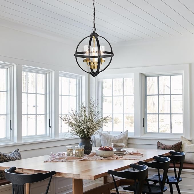 Treekee Rustic Chandelier, 14" Farmhouse Globe Orb Pendant Light, Vintage Black and Gold 3-Light E12 Adjustable Ceiling Hanging Fixture for Kitchen, Dining Room, Living Room, Bedroom, Entryway, Foyer
