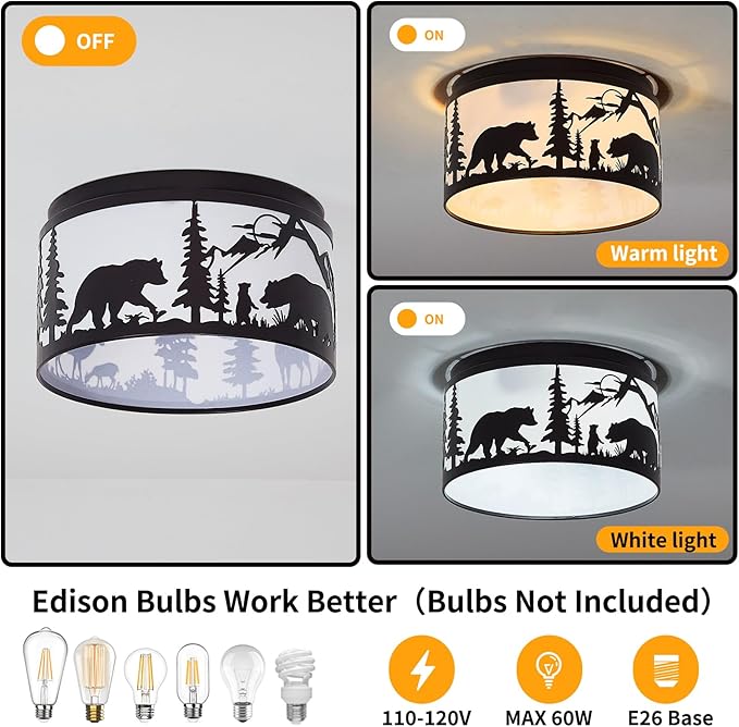 Farmhouse Flush Mount Ceiling Light with Shade - Rustic Deer and Bear Metal Ceiling Fixture 2-Light E26, Indoor Lighting for Cabin, Entryway, Kitchen, Bedroom (Bulbs Not Included)
