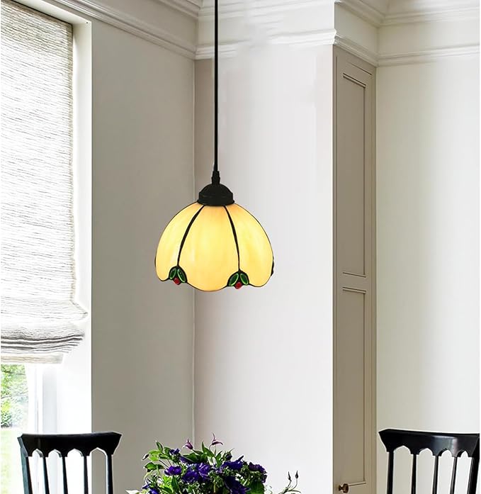 Tiffany Style Small Hanging Lamp, 8” Wide Stained Glass Pendant Lights, Antique Hanging Ceiling Lights for Kitchen Dining Room Hallway