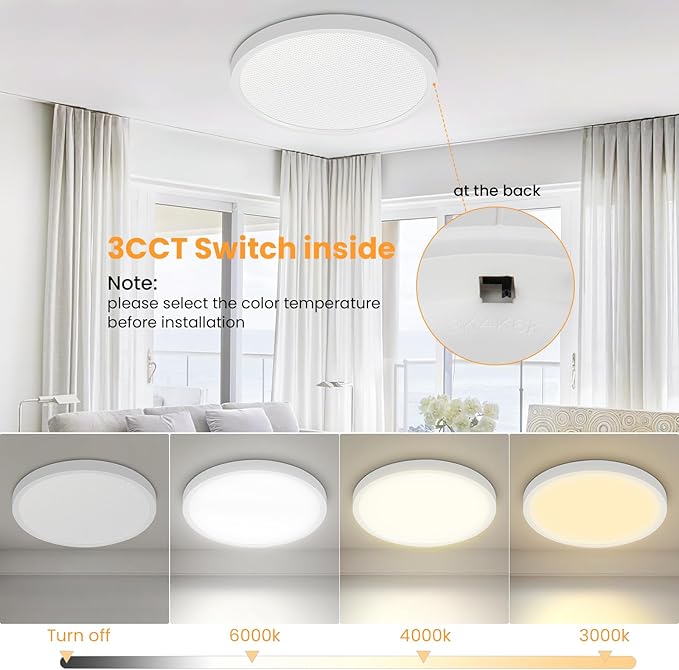 2 Pack Led Ceiling Light - 12 Inch, 24W, Flat, 3 Color Temperature Select, Round, White - LED Flush Mount Light Fixtures for Bedroom