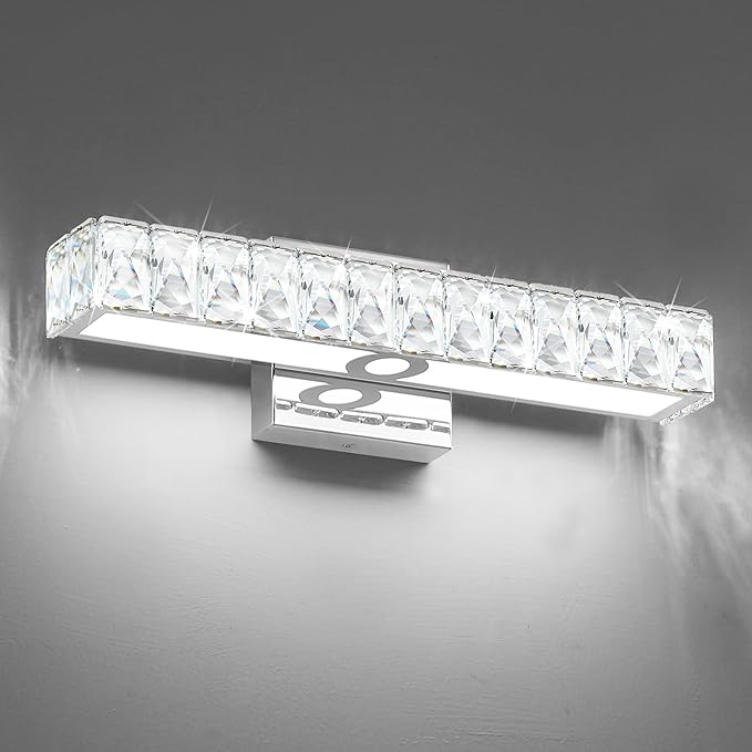 SOLFART Crystal Bathroom Vanity Lights Over Mirror, Chrome Bathroom Light Fixture, 16.5 Inch LED Lights for Bathrooms Vanity Lights for Bath Chrome
