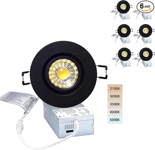 POPANU Canless Recessed Gimbal Downlight Rotatable-Spotlight 5 CCT 3 Inch Eyeball Ceilling Potlight, Dimmable Recessed Lights Fixture with Junction Box, 8W CCT Adjustable, Black Round Trim, 6 Pack