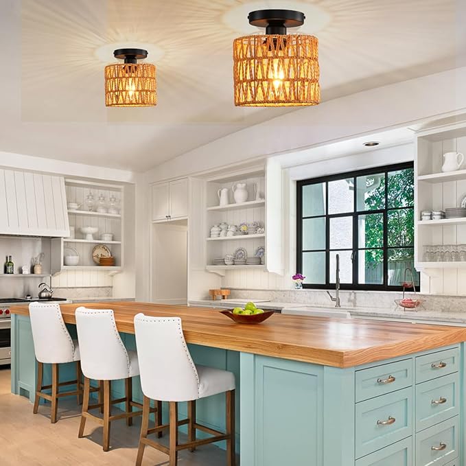 Ceiling Light Fixture,Hand-Woven Rattan Flush Mount Ceiling Light,Farmhouse Light Fixtures Ceiling Mount Boho for Hallway Bedroom Kitchen Entryway Living Room