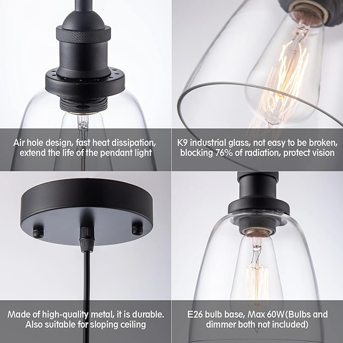 Pendant Light Over Island Hanging Lighting Industrial Clear Glass Adjustable Cord for Sink Kitchen Island Dining Room, Black, 1 Pack